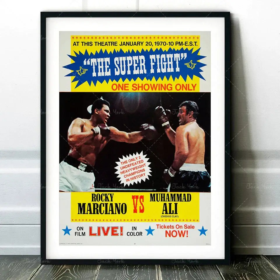 A framed vintage muhammad ali boxing photo print on glossy paper with bold yellow blue red decorbites boxing photo decorbites boxing