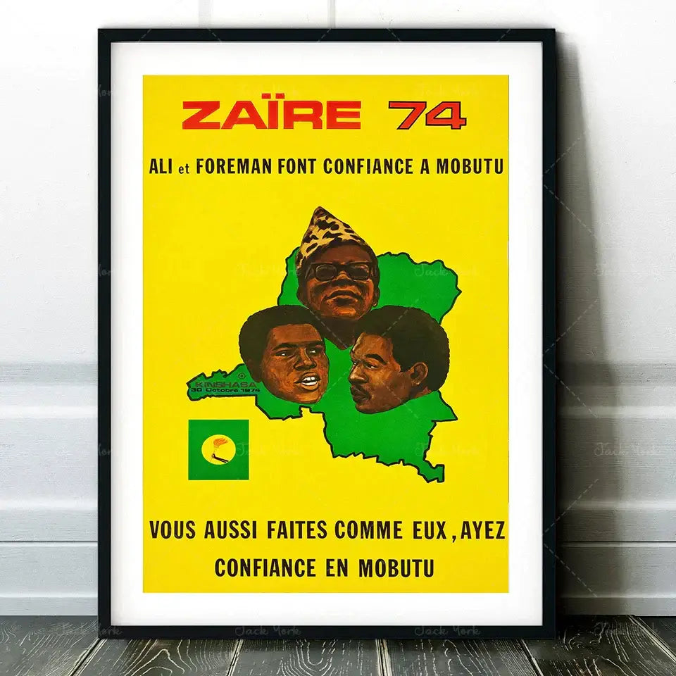 A vintage muhammad ali boxing photo print with yellow background and red zaire 74 text for decorbites boxing decor
