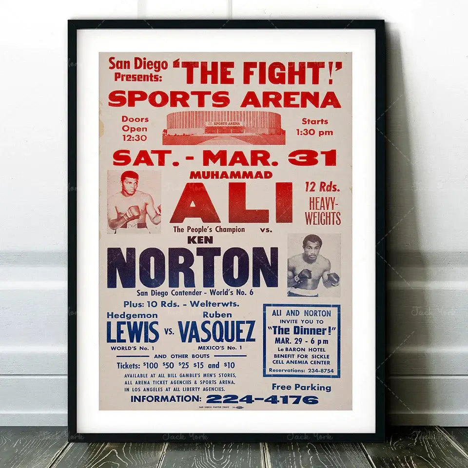 Vintage muhammad ali boxing photo print featuring bold red and navy text on aged beige paper framed for living room decorbites boxing photo