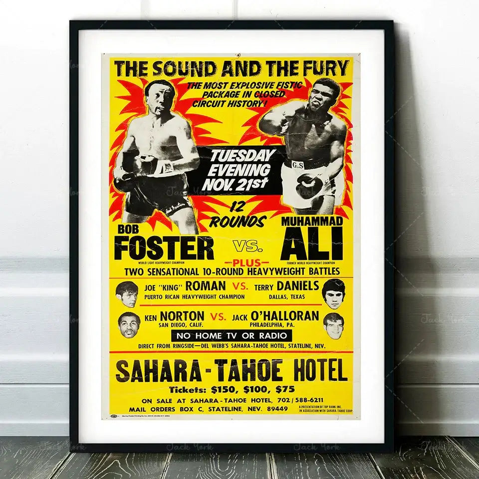 Vintage muhammad ali boxing photo print featuring bold black text on yellow with red stars for decorbites boxing wall art
