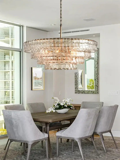 Vintage decorbites brown glass chandelier with multi-tier translucent glass segments and brass chain for dining room decor