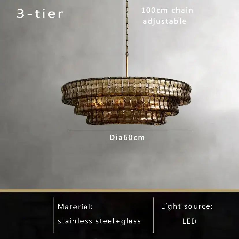 Vintage multi tier brown glass chandelier with warm amber mosaic and stainless steel frame by decorbites brown glass