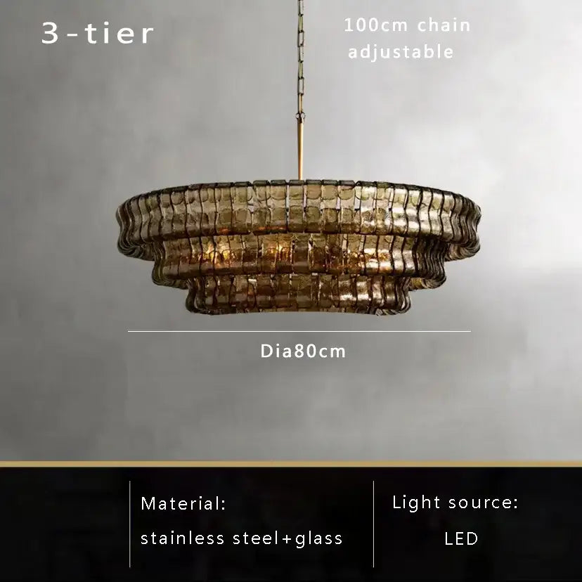 Vintage multi tier brown glass chandelier with warm amber mosaic design stainless steel frame and adjustable chain by decorbites brown glass