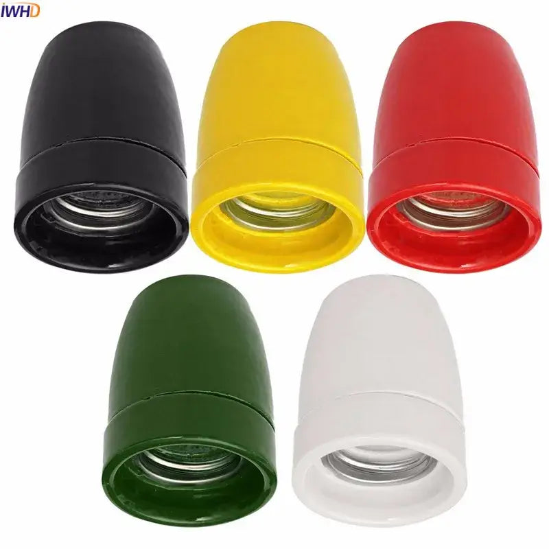 Vintage multicolored e27 ceramics light bulb holder set with colorful plastic lamp base covers in black yellow red green and white