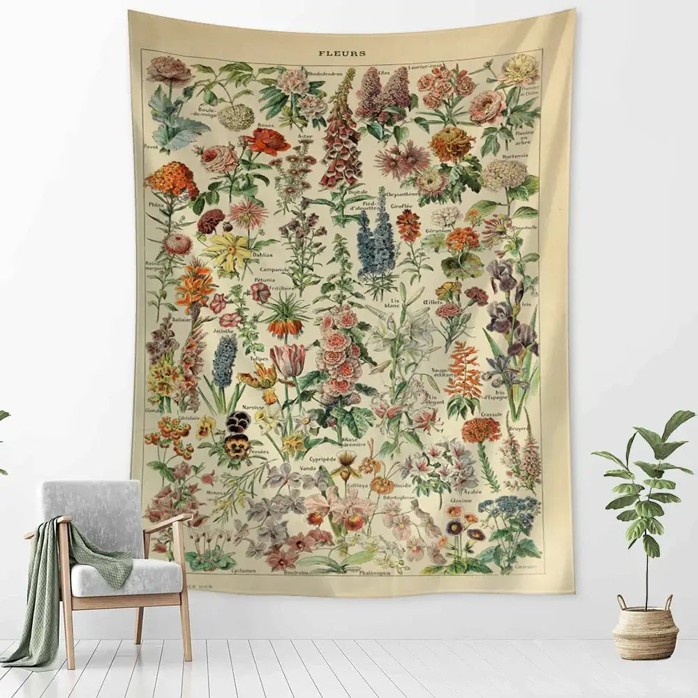 Beige botanical wall tapestry with vintage colorful flowers and scientific labels for mushroom girl tapestry decorbites cactus decor