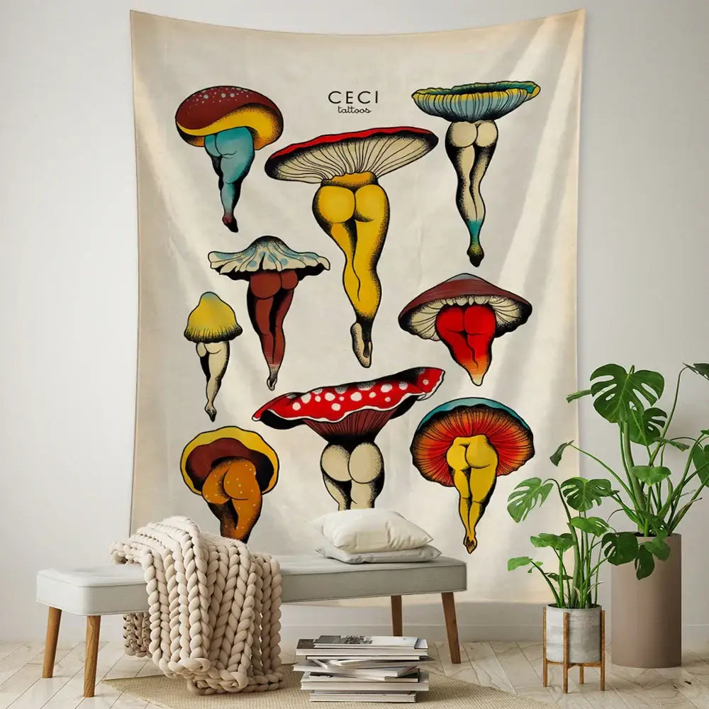 A beige vintage mushroom girl tapestry featuring colorful stylized mushrooms with human legs for boho decorbites cactus wall art decor