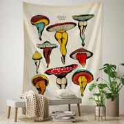 A beige vintage mushroom girl tapestry featuring colorful stylized mushrooms with human legs for boho decorbites cactus wall art decor