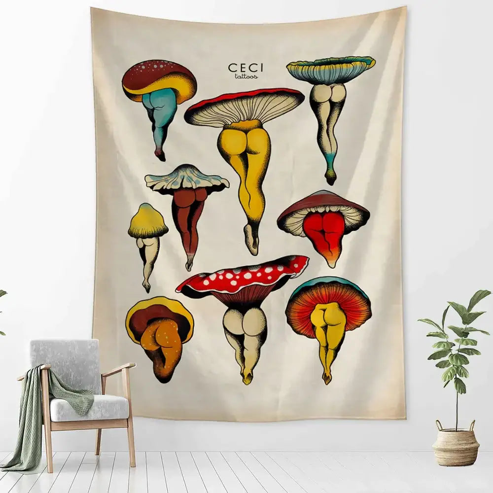 Beige mushroom girl tapestry featuring colorful stylized mushrooms with human buttocks caps for boho decorbites cactus decor
