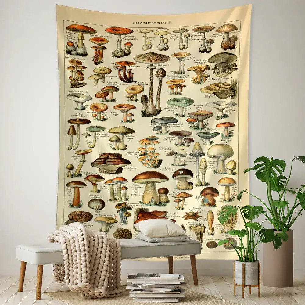 Beige vintage mushroom girl tapestry with detailed sepia botanical mushroom illustration for boho wall decor