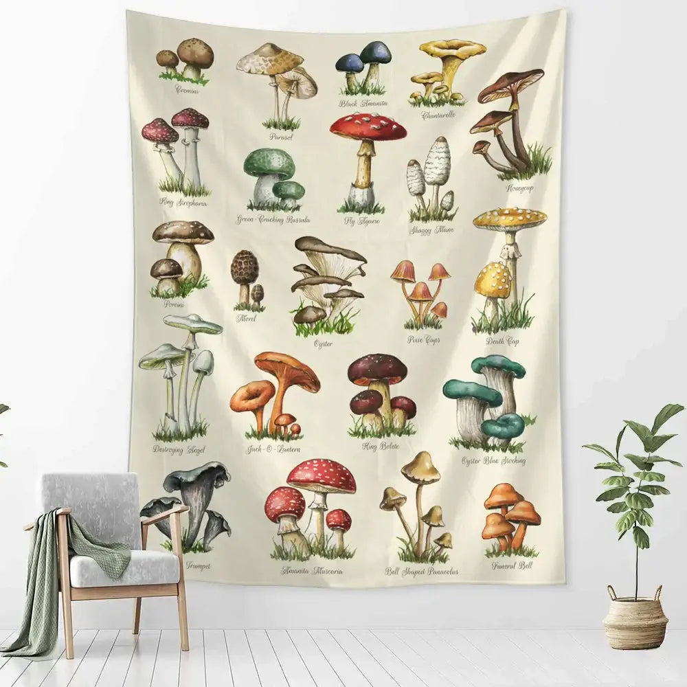 Beige vintage mushroom girl tapestry with detailed labeled mushroom illustrations for boho bedroom decorbites cactus decor