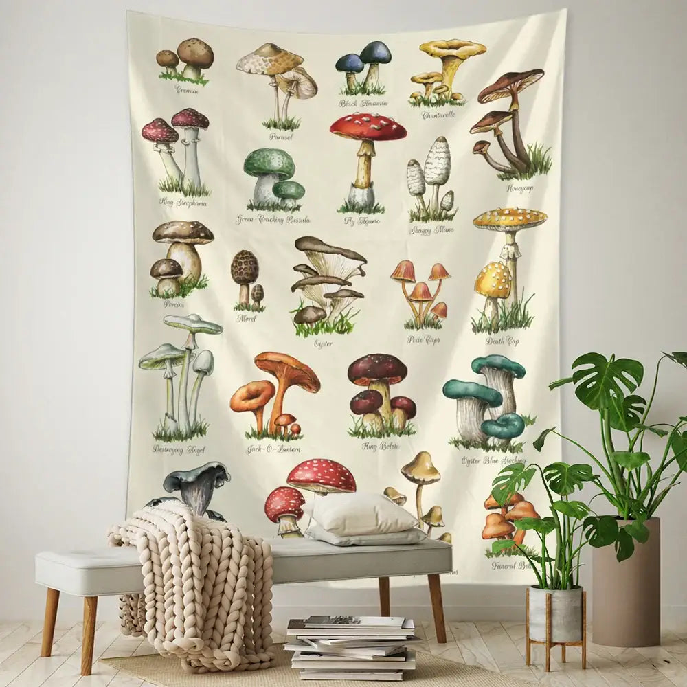 A cream-colored vintage mushroom girl tapestry with detailed labeled mushroom illustrations for boho wall decor