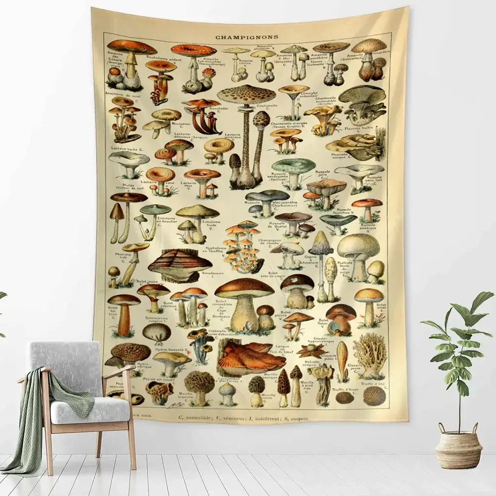 Vintage mushroom girl tapestry featuring detailed sepia botanical mushroom illustrations for boho wall art decorbites cactus