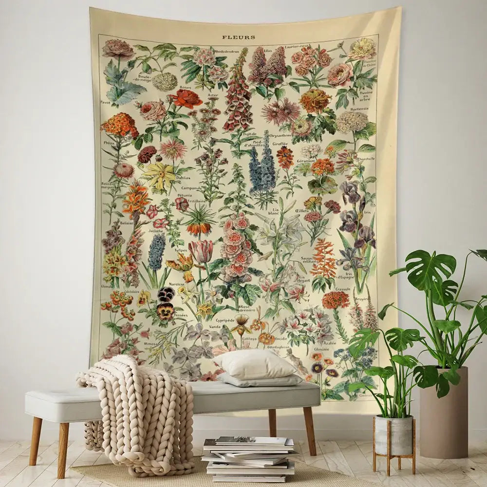 Vintage mushroom girl tapestry featuring colorful floral illustration and fleurs text on off-white background for boho decorbites cactus wall art decor