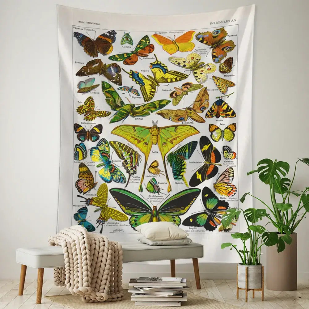 Vintage mushroom girl tapestry featuring a vibrant butterfly taxonomy design in rich green yellow orange and black colors
