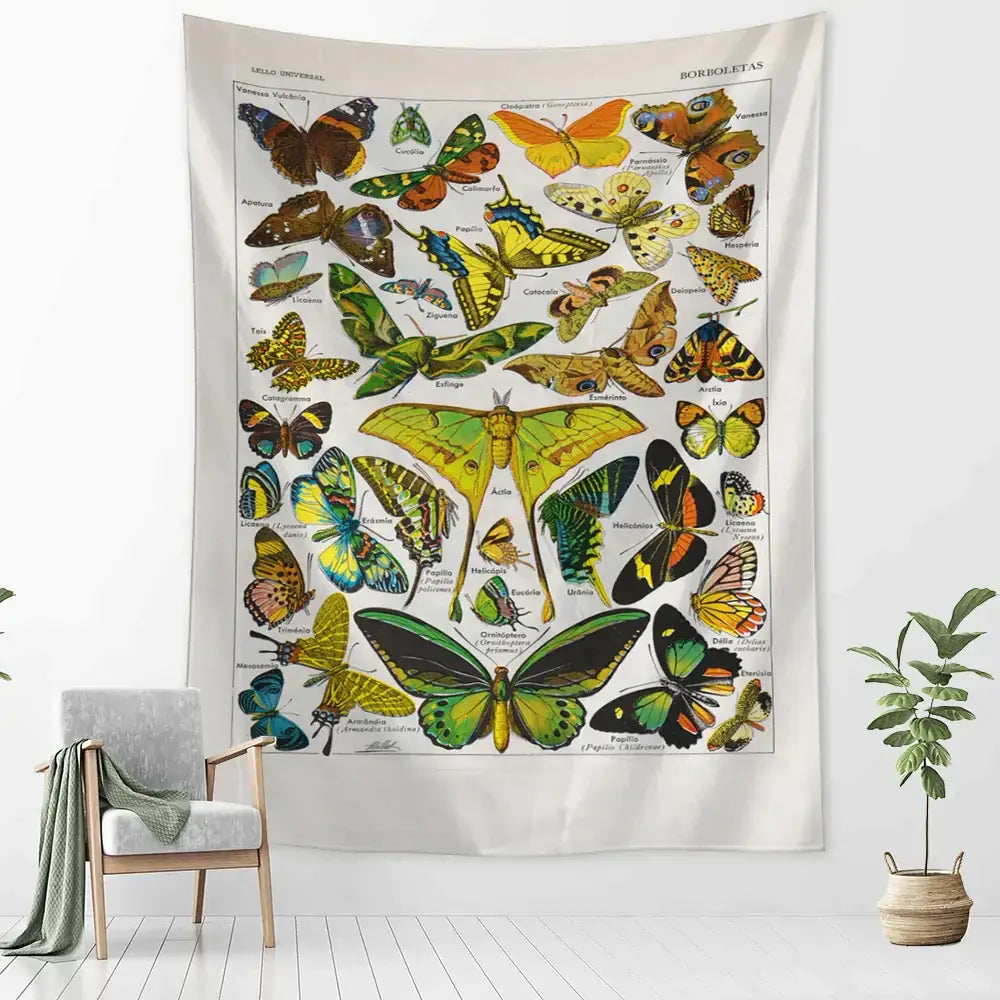 A vibrant vintage-style mushroom girl tapestry featuring colorful butterfly taxonomy decorbites cactus wall art decor