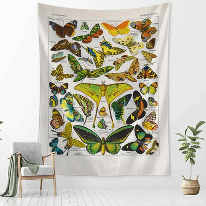 A vibrant vintage-style mushroom girl tapestry featuring colorful butterfly taxonomy decorbites cactus wall art decor