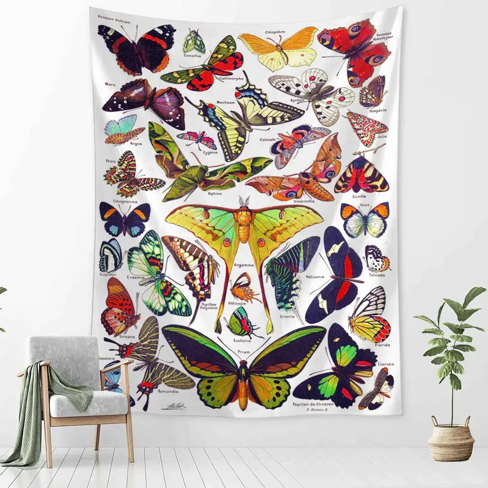 A vibrant white mushroom girl tapestry featuring colorful labeled butterflies for boho bedroom decorbites cactus decor