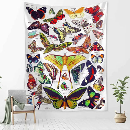A vibrant white mushroom girl tapestry featuring colorful labeled butterflies for boho bedroom decorbites cactus decor