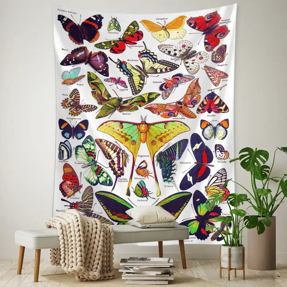 A vibrant white mushroom girl tapestry featuring detailed colorful butterflies with scientific names for boho decorbites cactus decor