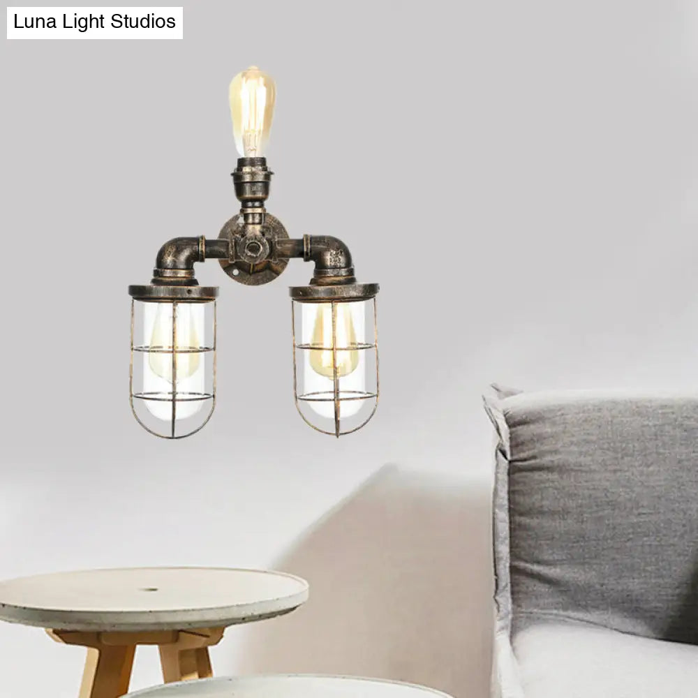 Vintage Nautical Style Wall Sconce with Cage Shade - 3 Heads, Water Pipe Mount - Antique Brass Finish