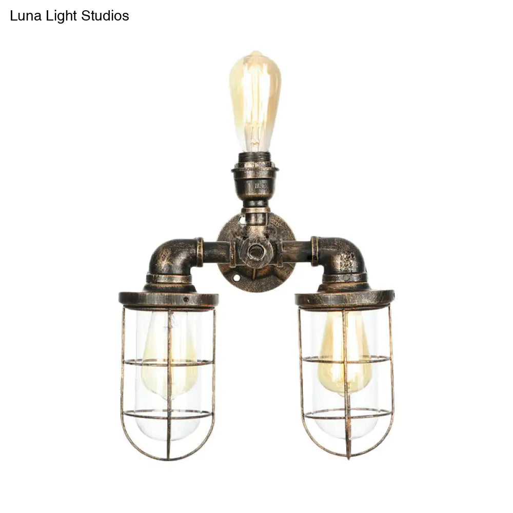 Vintage Nautical Style Wall Sconce with Cage Shade - 3 Heads, Water Pipe Mount - Antique Brass Finish