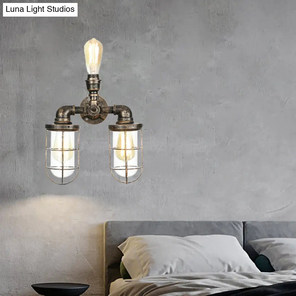 Vintage Nautical Style Wall Sconce with Cage Shade - 3 Heads, Water Pipe Mount - Antique Brass Finish