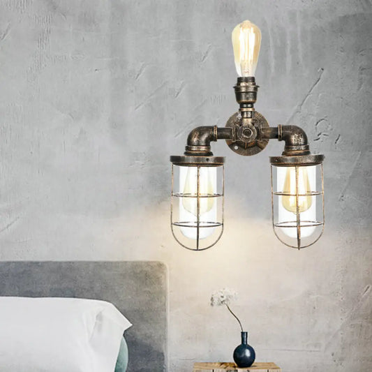 Vintage Nautical Style Wall Sconce with Cage Shade - 3 Heads, Water Pipe Mount - Antique Brass Finish