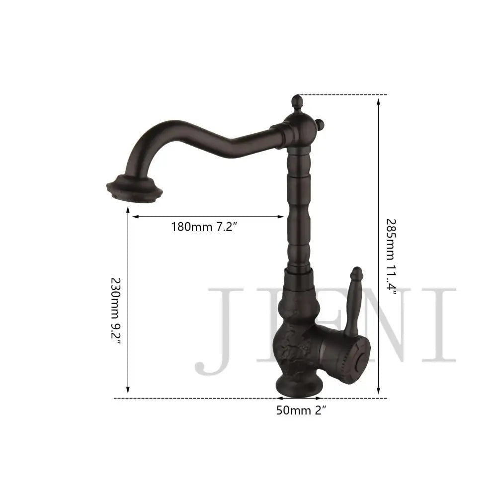 Antique bronze-finished vintage decorbites dual handle kitchen faucet with ornate design and curved swivel spout
