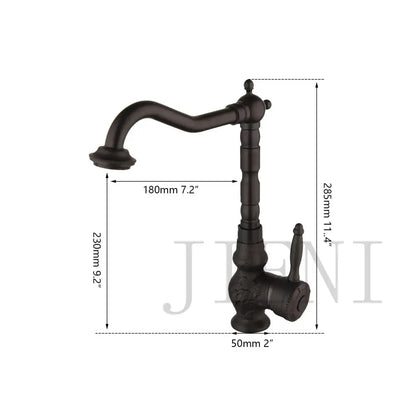 Antique bronze-finished vintage decorbites dual handle kitchen faucet with ornate design and curved swivel spout
