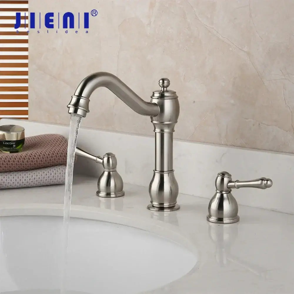 Stainless steel vintage nickel decorbites dual handle bathroom faucet with three handles and curved spout for sink use