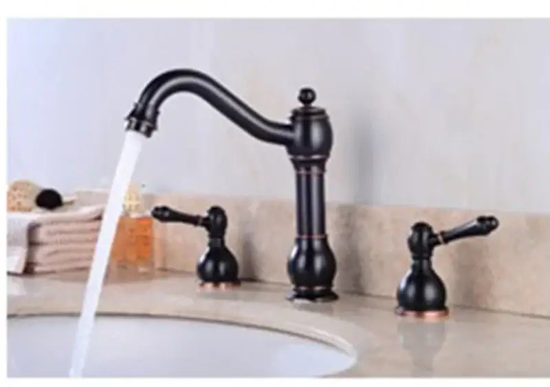 Vintage nickel decorbites dual handle matte black faucet with copper accents and curved spout for bathroom sink