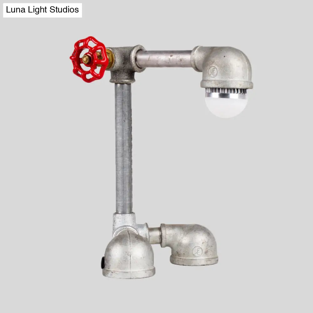 Vintage Night Table Lamp - Metallic Grey Finish, Right Angle Pipe Design with Valve Handle and 1 Bulb