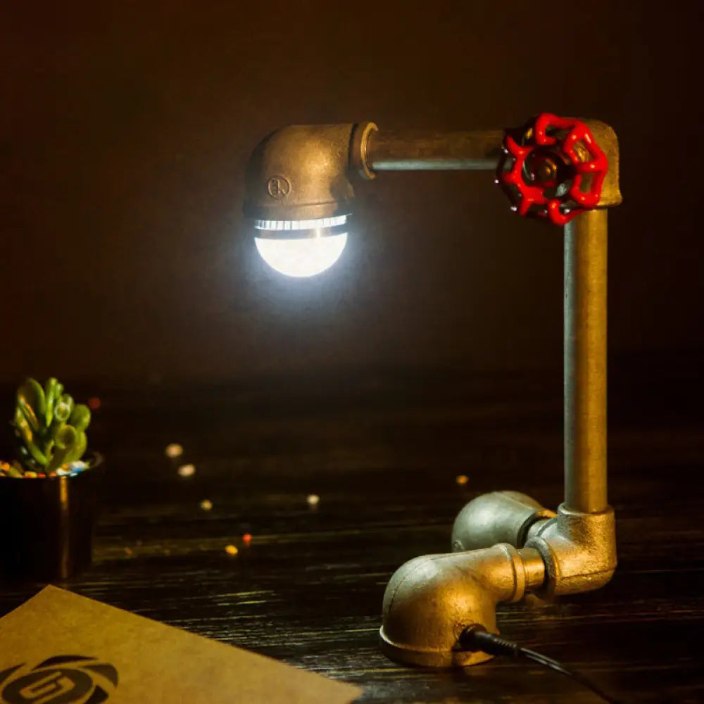 Vintage Night Table Lamp - Metallic Grey Finish, Right Angle Pipe Design with Valve Handle and 1 Bulb