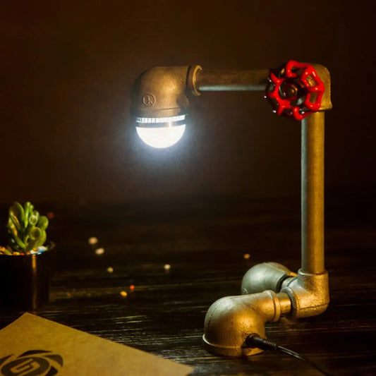 Vintage Night Table Lamp - Metallic Grey Finish, Right Angle Pipe Design with Valve Handle and 1 Bulb