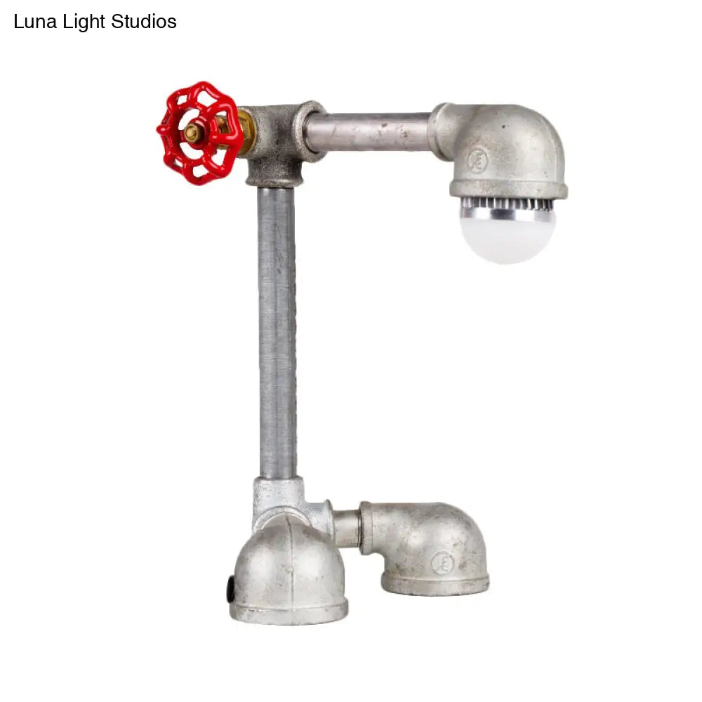 Vintage Night Table Lamp - Metallic Grey Finish, Right Angle Pipe Design with Valve Handle and 1 Bulb