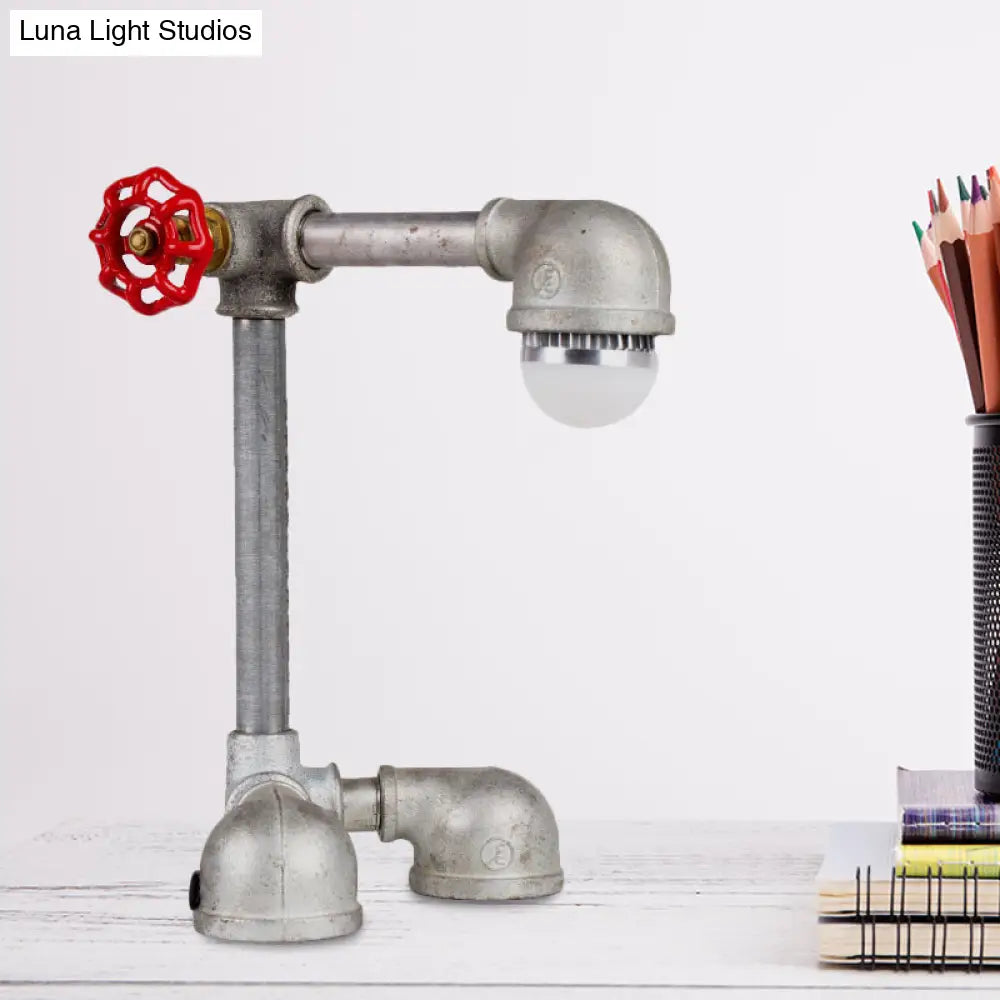 Vintage Night Table Lamp - Metallic Grey Finish, Right Angle Pipe Design with Valve Handle and 1 Bulb