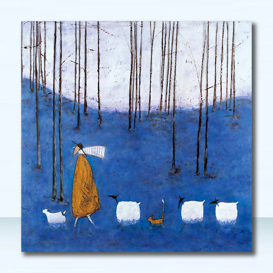 Vintage Nordic Abstract Landscape Dog Canvas Art