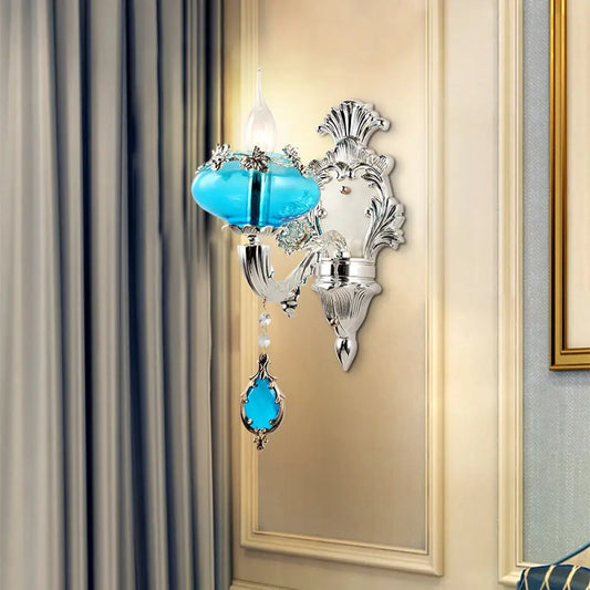 Vintage Oblate Blue Glass Wall Light with Crystal Accent in Silver for Corridors".
