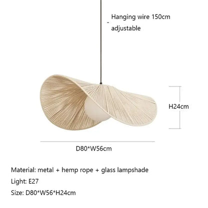 Vintage off-white cotton rope hat pendant lights featuring beige woven hemp rope with glass lampshade and metal hardware