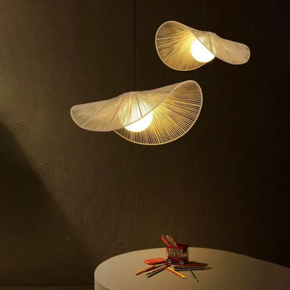 Two elegant cream-colored woven cotton rope hat pendant lights with a fan-like design for bedroom decorbites chandelier
