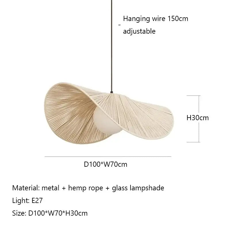A modern pendant light featuring a beige woven cotton rope hat shade and off-white glass for bedroom decorbites cotton rope