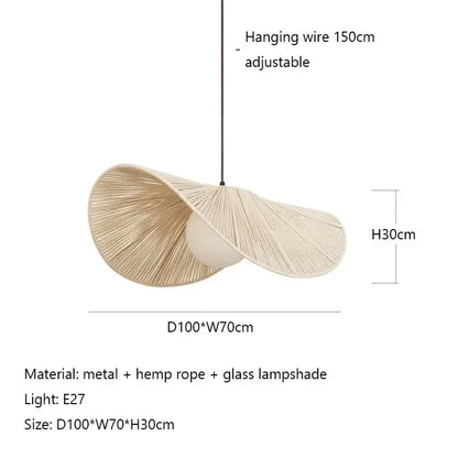A modern pendant light featuring a beige woven cotton rope hat shade and off-white glass for bedroom decorbites cotton rope