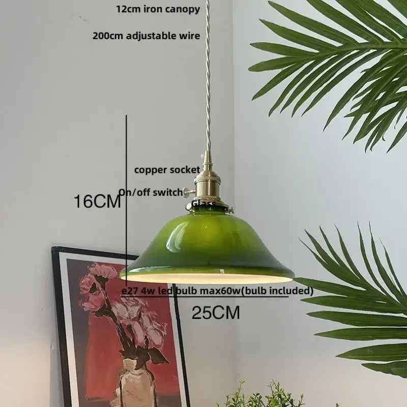 Vintage olive green glass led pendant lights with copper socket and on off switch featuring brass hardware for kitchen