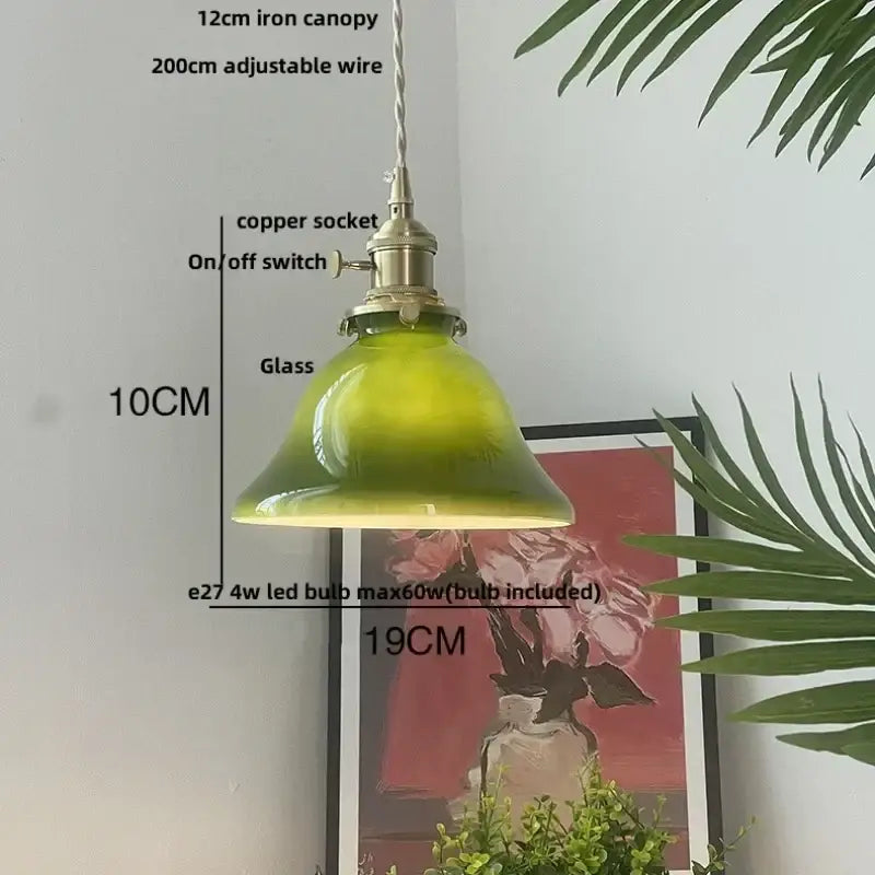 Vintage olive green glass led pendant light with brass hardware and adjustable iron canopy for kitchen pendant lights