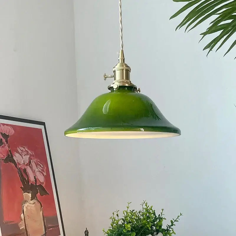 Vintage olive green glass led pendant lights with brass hardware and twisted cord for kitchen pendant lights