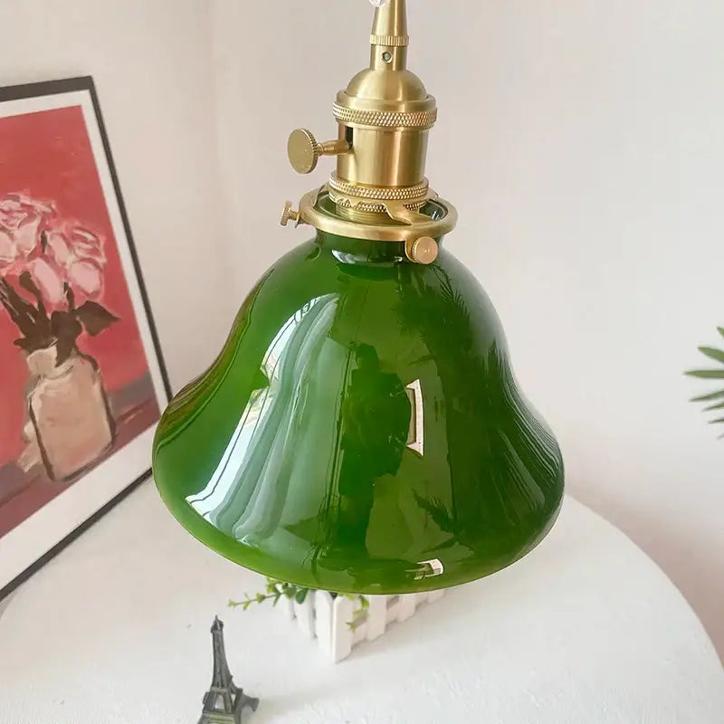 Vintage olive green glass led pendant lights with brass hardware featuring a green led pendant for kitchens