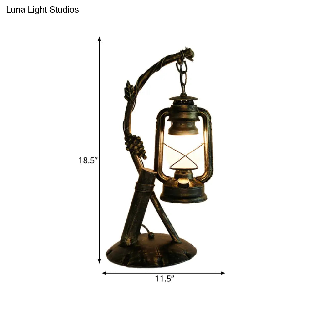 Vintage Opal Glass Lantern Table Lamp with Brass Angled Arm – Bedroom Desk Light