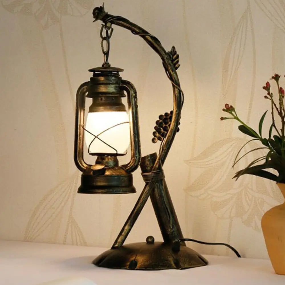 Vintage Opal Glass Lantern Table Lamp with Brass Angled Arm – Bedroom Desk Light