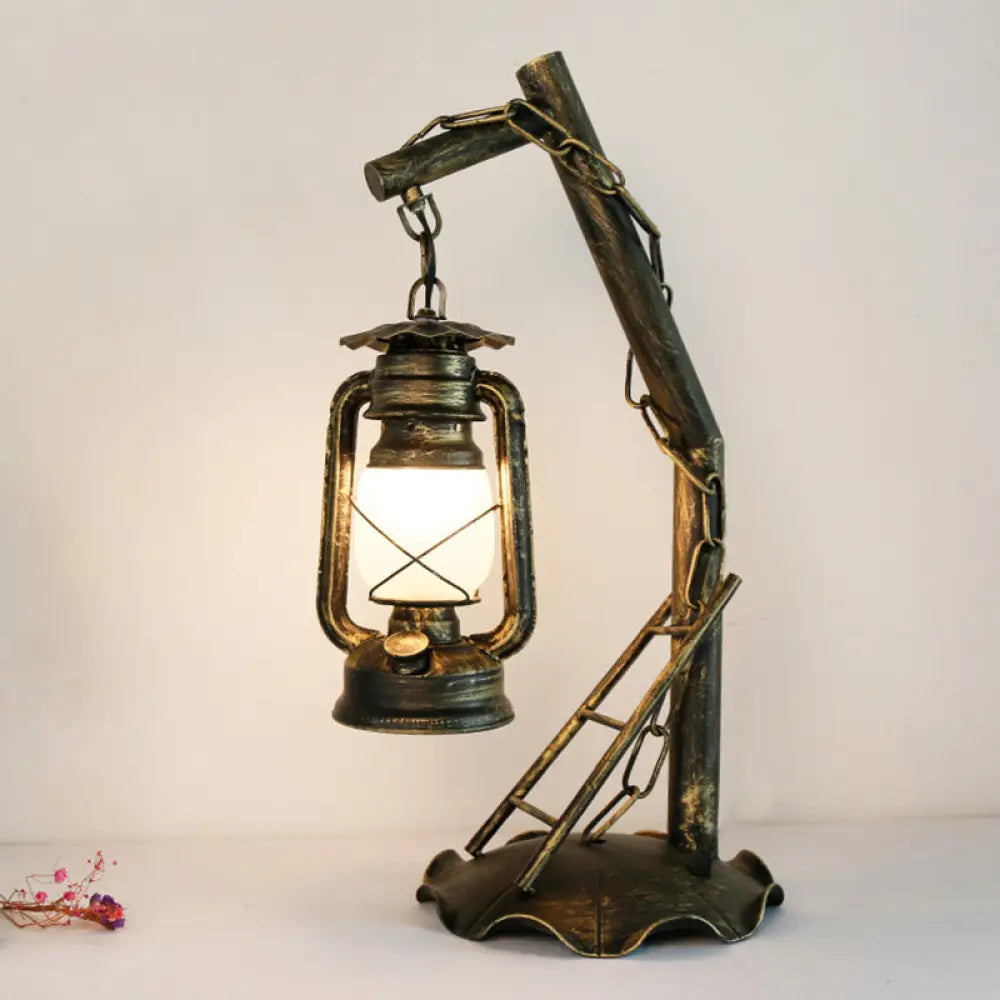 Vintage Opal Glass Lantern Table Lamp with Brass Angled Arm – Bedroom Desk Light