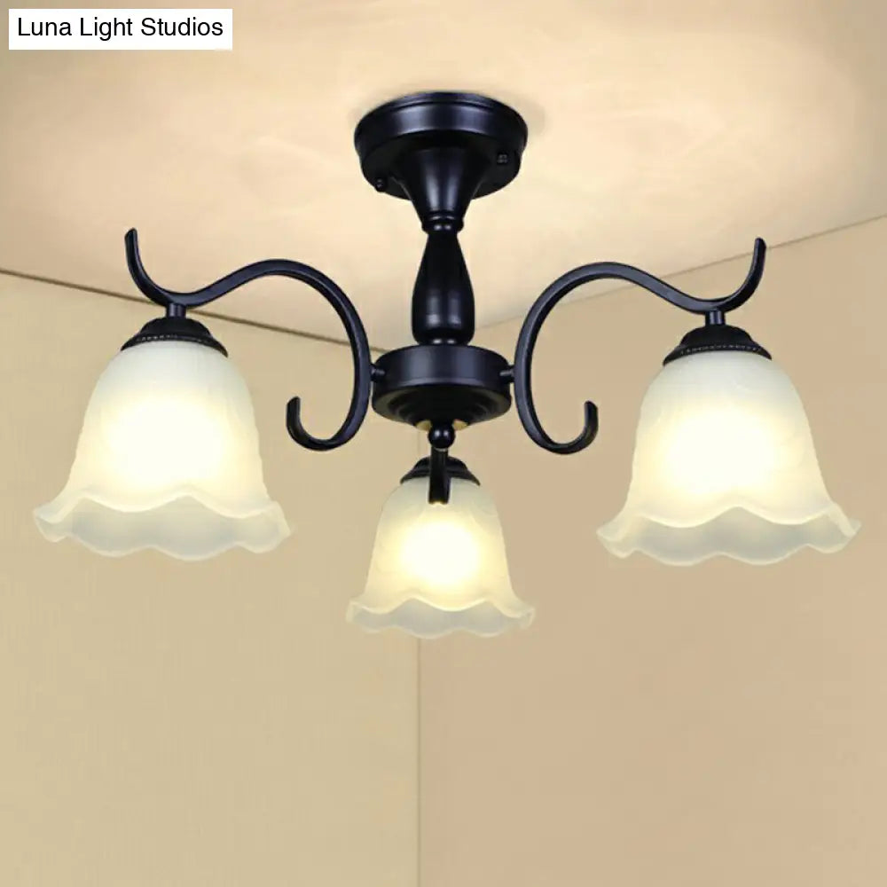 Vintage Opal Glass Semi Flush Mount Chandelier - Black Bell Shaped Ceiling Light for Living Room